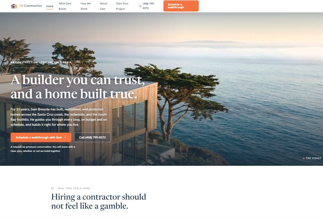 The SB Construction website homepage, built by FirstPeak Studio