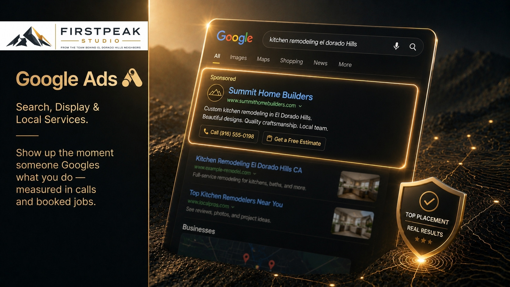 A pay-per-lead placement at the top of local search results, over a gold mountain landscape