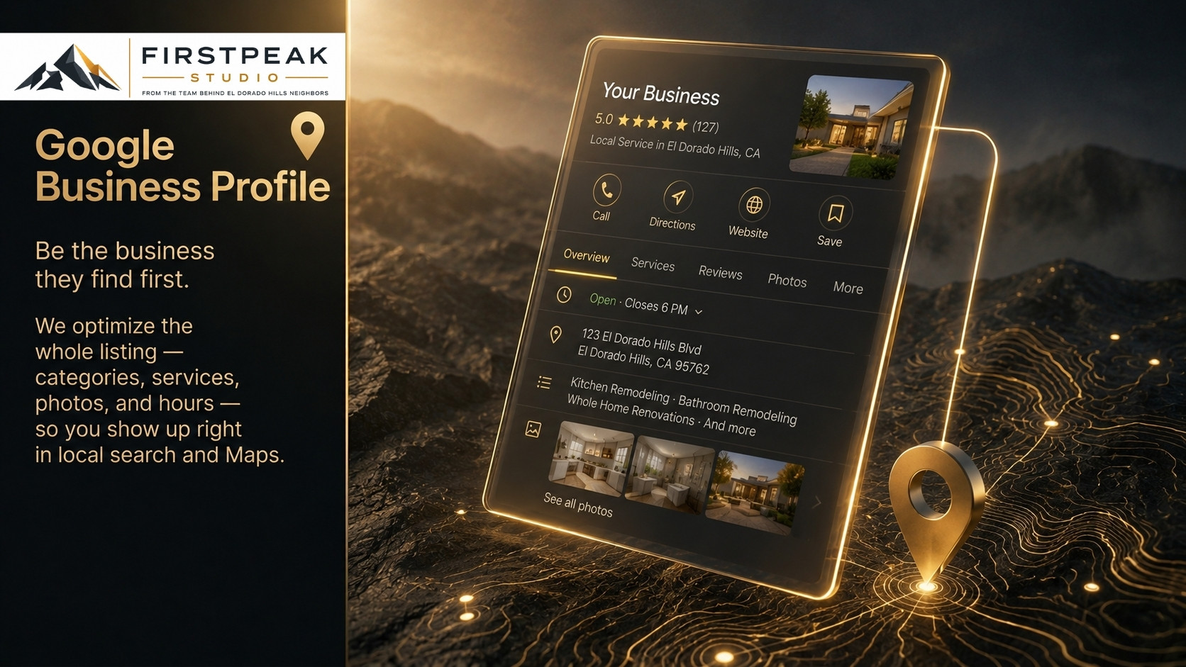 An optimized Google Business Profile listing glowing over a gold topographic mountain landscape
