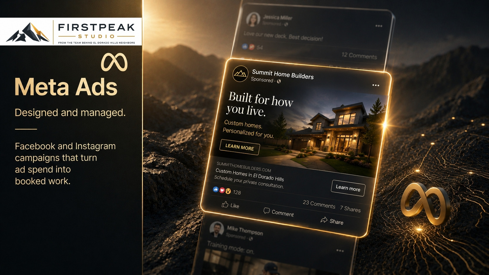 A sponsored Meta feed ad glowing in a social feed over a gold mountain landscape