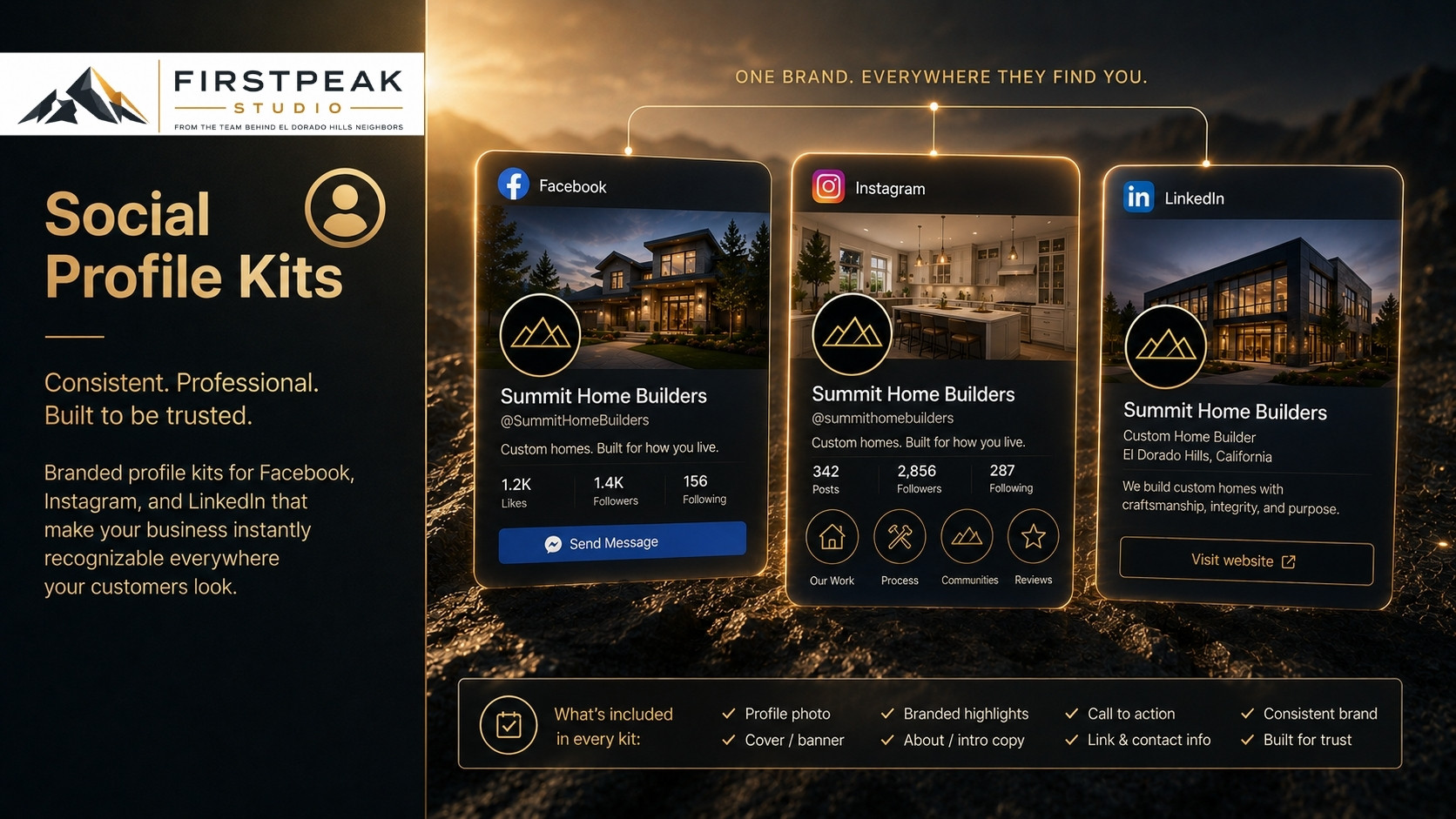 Consistent Facebook, Instagram, and LinkedIn business profiles for one brand, over a gold mountain landscape