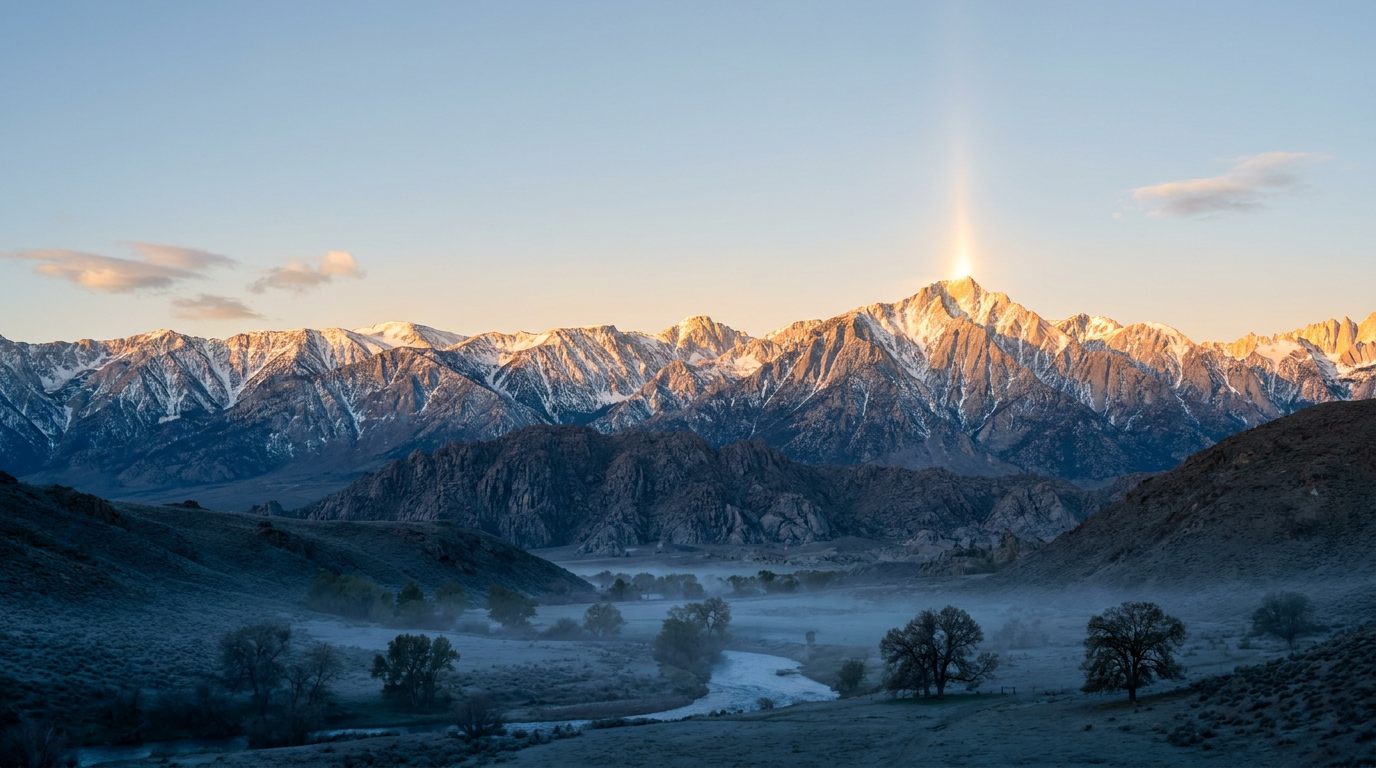 First light reaching a high Sierra granite peak before the valley below, illustrating an early-mover advantage