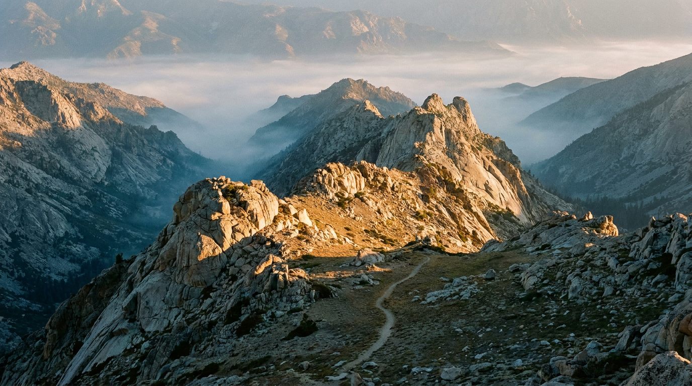 First light on a granite Sierra ridgeline above the Sacramento-to-Tahoe foothills