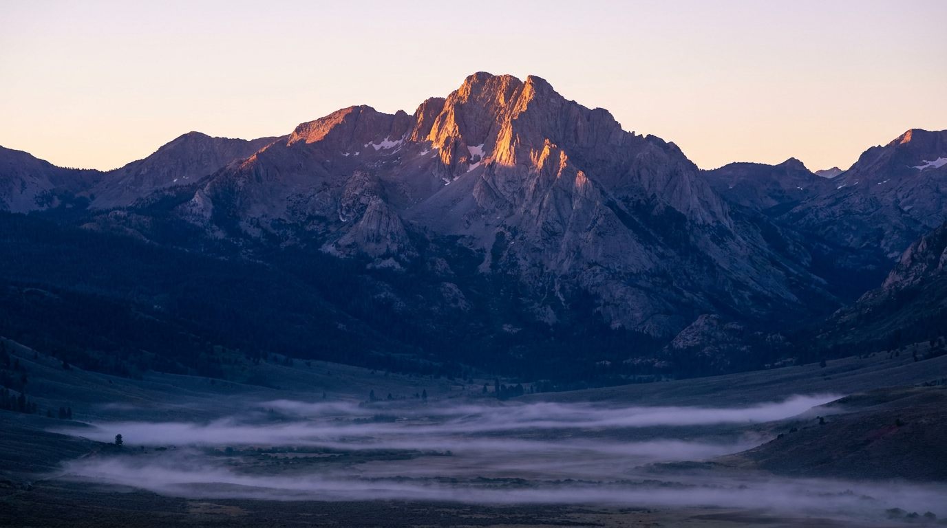 First light on a granite Sierra peak above a foothill valley, evoking a clear view from high ground