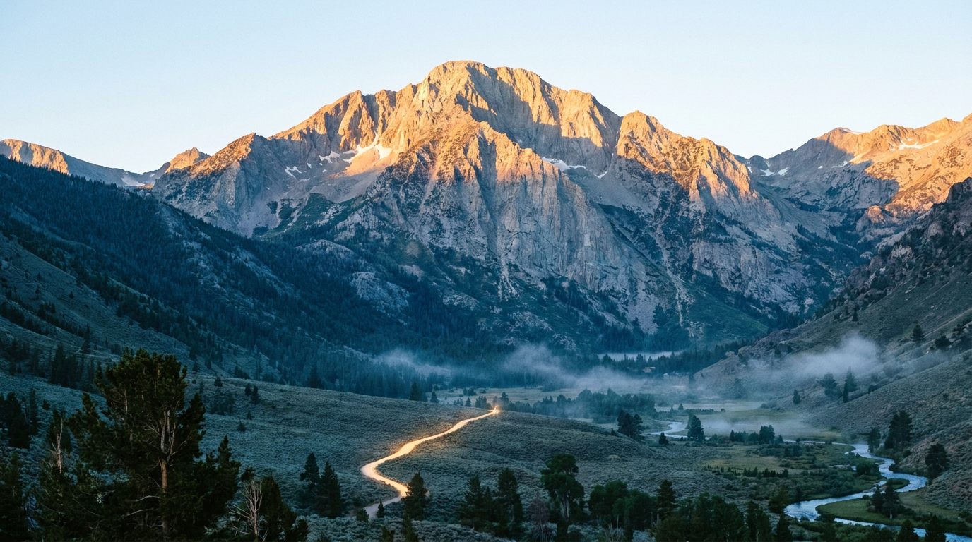 First light on a granite Sierra peak above the foothills, a single road catching the dawn below