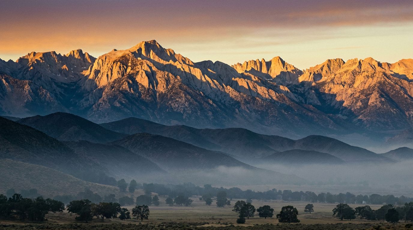 First light on Sierra Nevada granite peaks above the Sacramento-to-Tahoe foothills at dawn