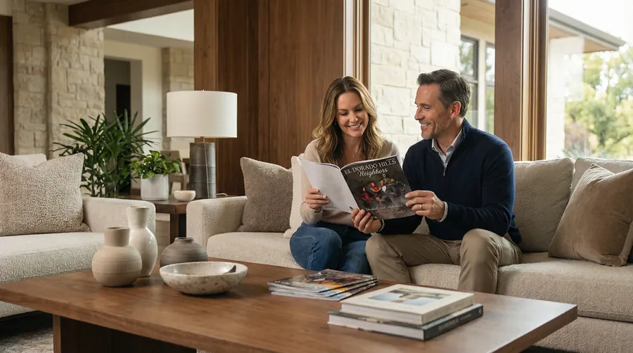 Homeowners reading a private community magazine at home