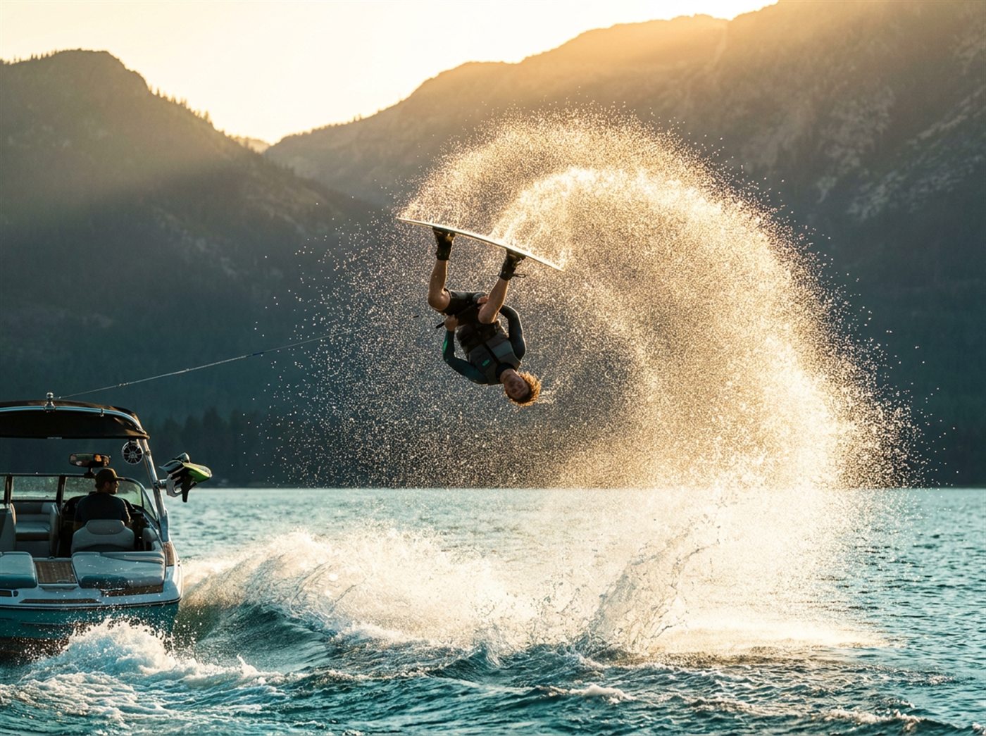 A wakeboarder mid-air doing a full backflip in golden spray.
