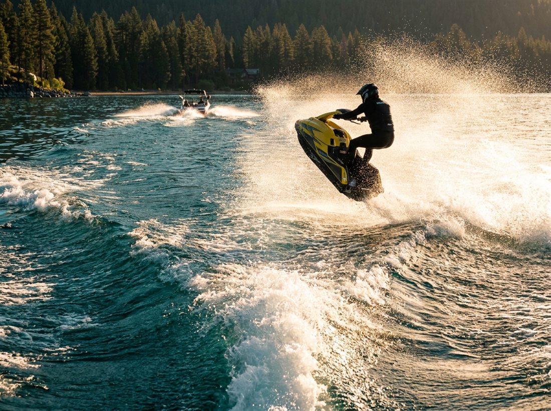 A jet-ski airborne off another boat's wake, spray frozen mid-air.