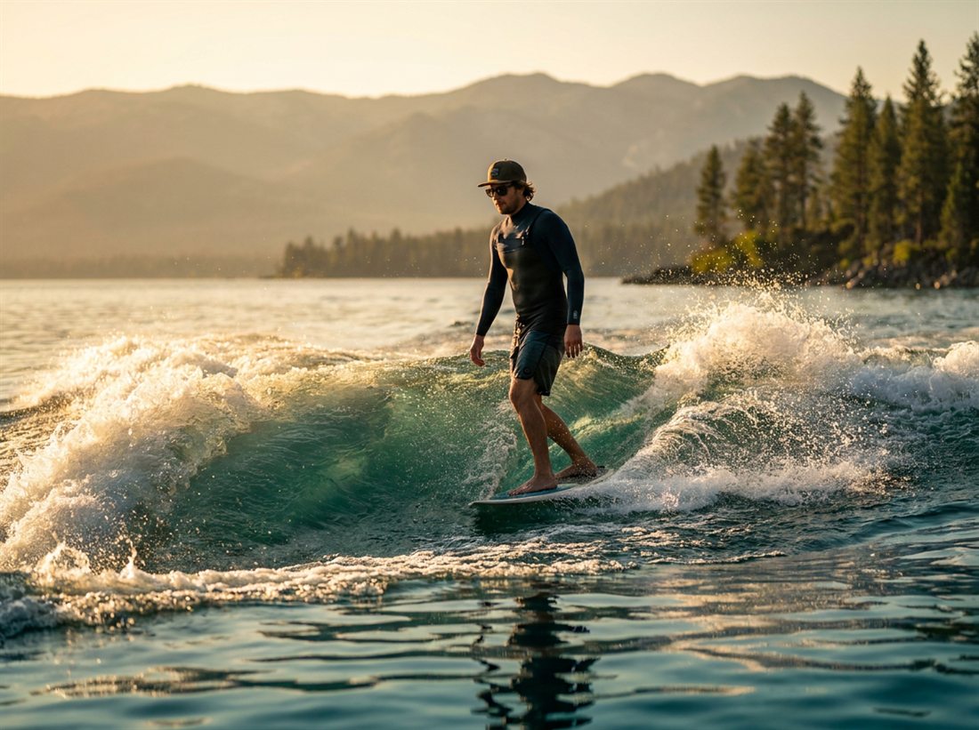 A wake surfer riding the clean curl behind a boat at golden hour.