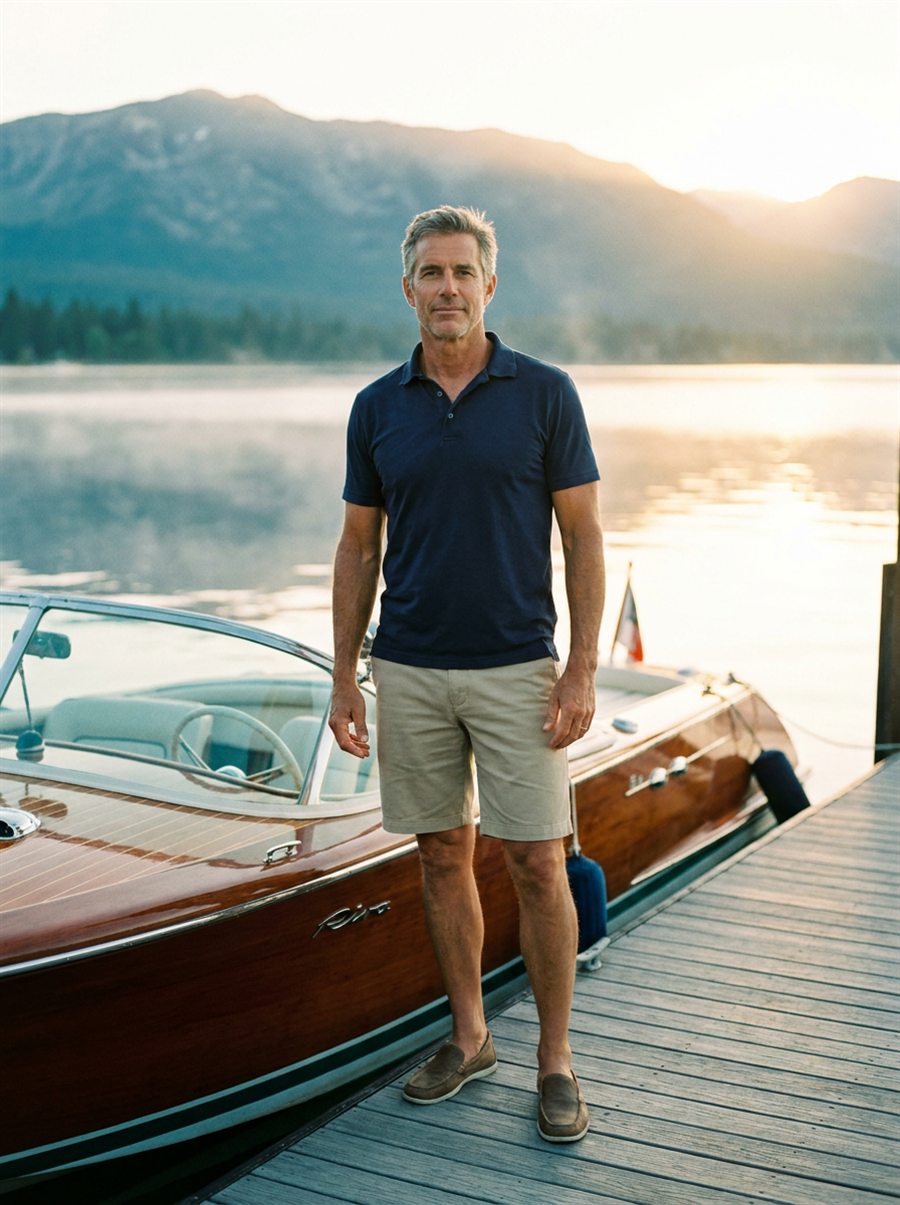 The owner — a tanned, athletic, middle-aged man in a polo and shorts — standing assured beside his boat at the dock at first light.