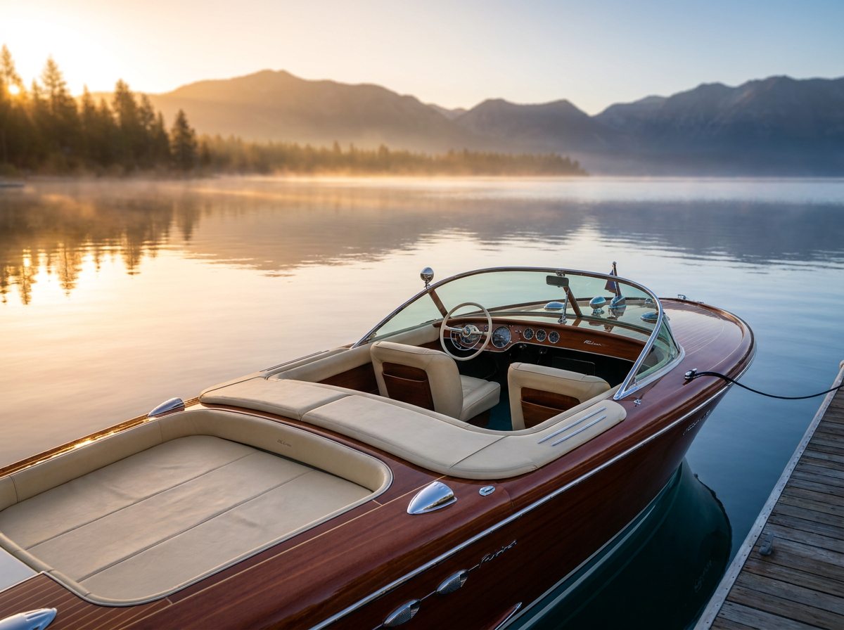 A polished mahogany wooden runabout moored on glass-still water at dawn.