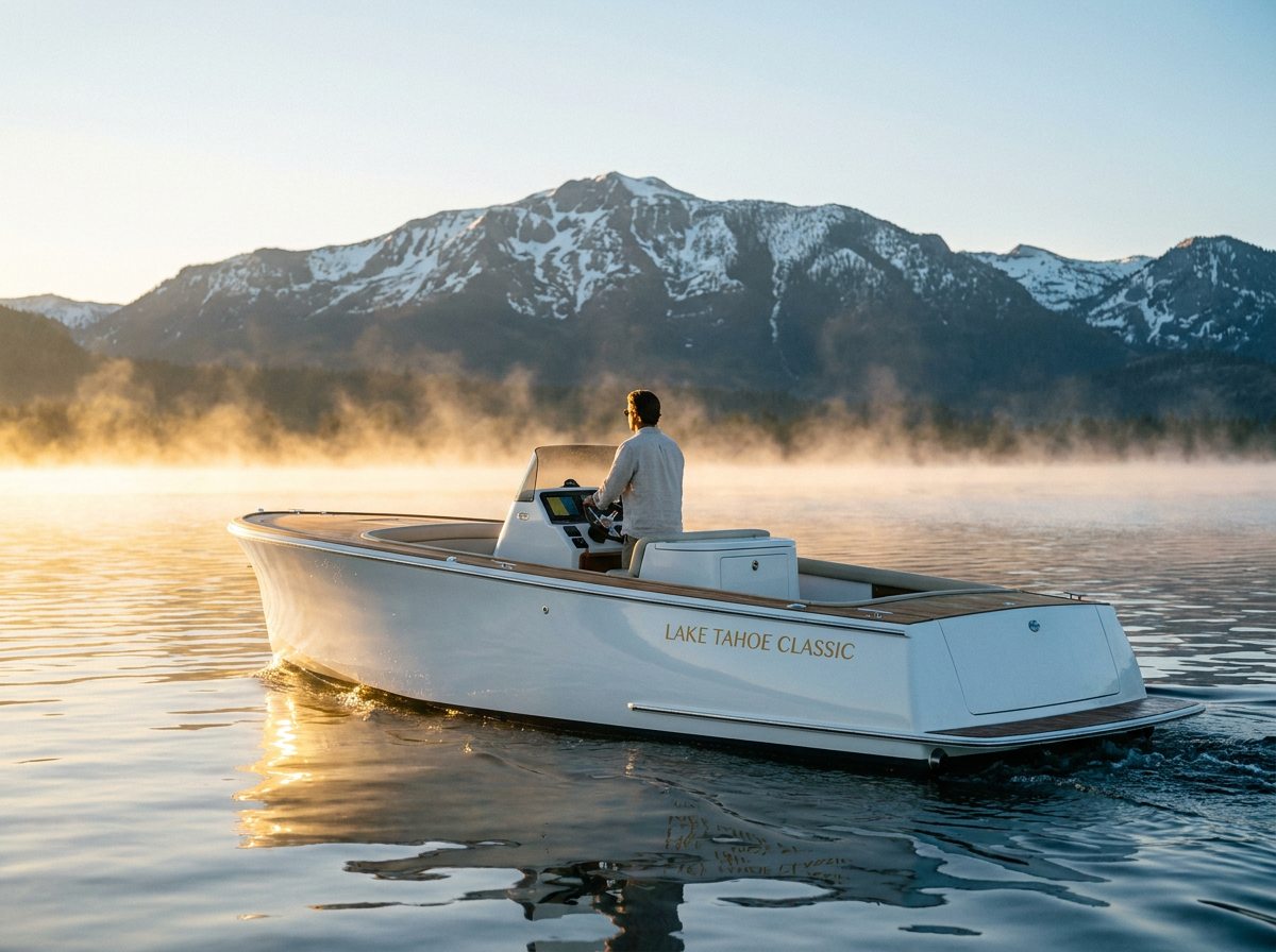 An elegant white day cruiser with a teak deck on Lake Tahoe at first light.