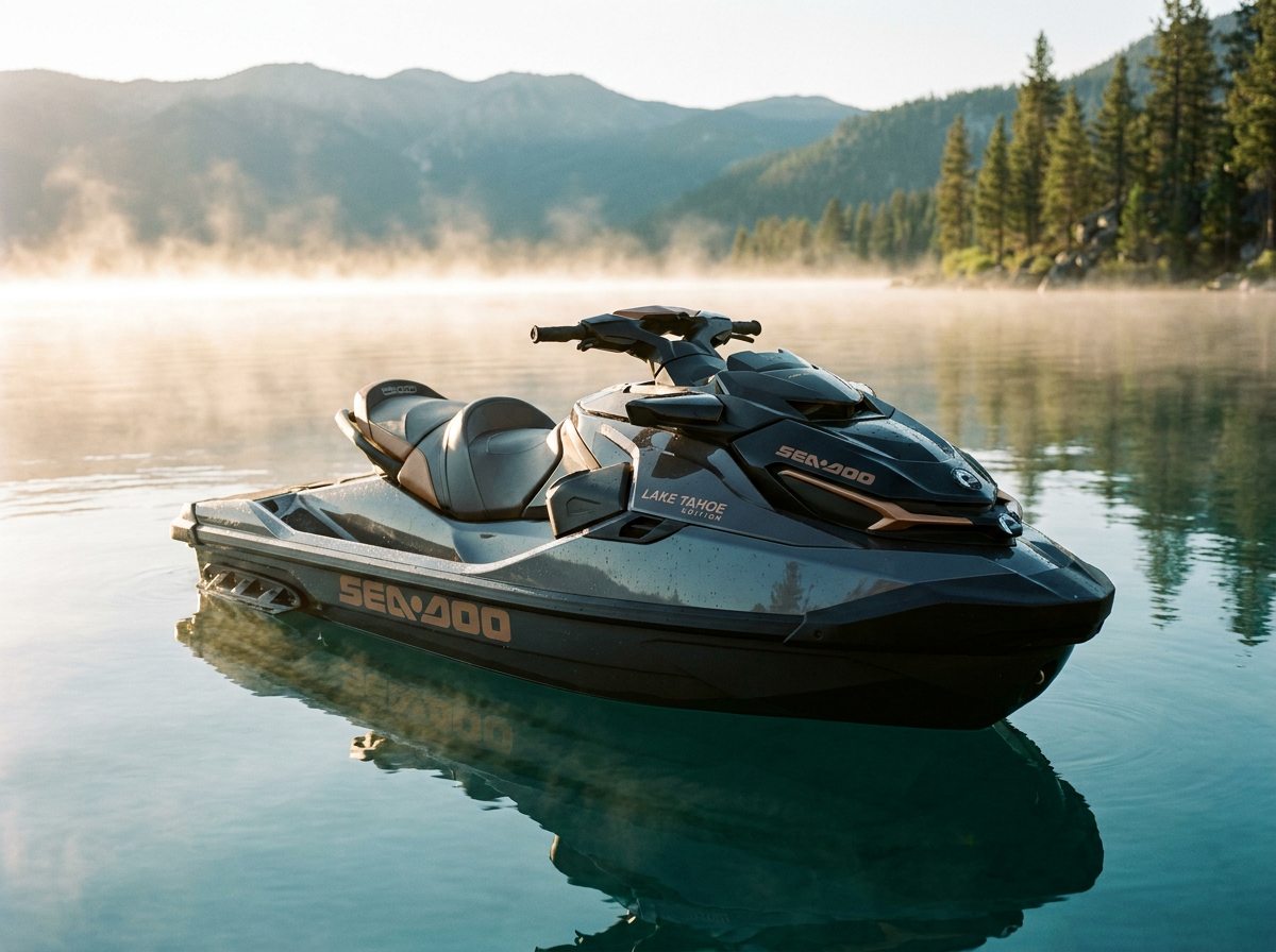 A sleek personal watercraft idling on a glassy lake at dawn.