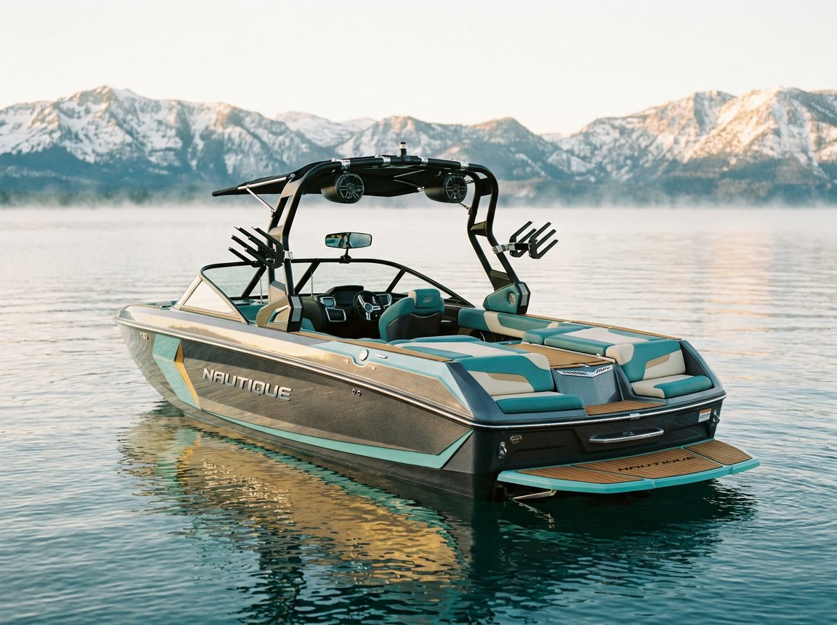 A modern wake boat with a tall tower on a calm alpine lake.