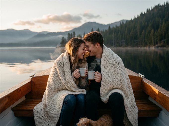 A couple wrapped in a blanket with coffee at sunrise on a boat.