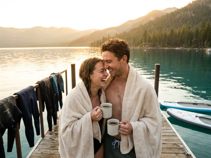 A joyful couple on a dock with coffee after a sunrise ride.