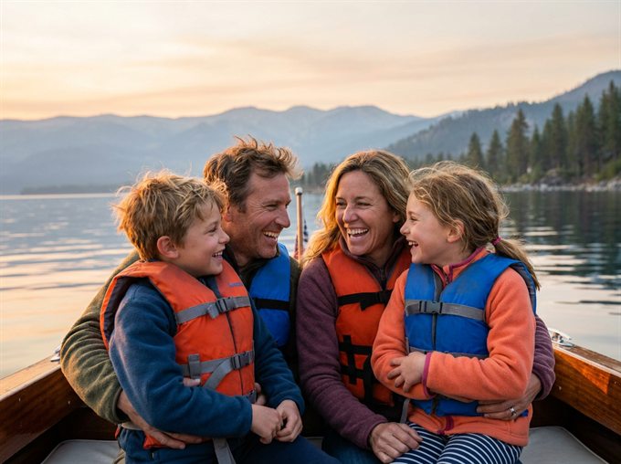 A happy family smiling together on a boat at sunrise.