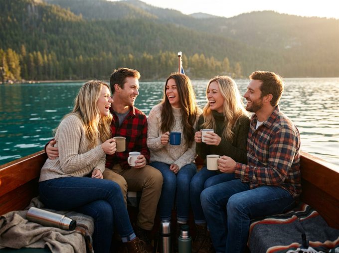 A group of friends laughing on a wooden charter boat at golden hour.